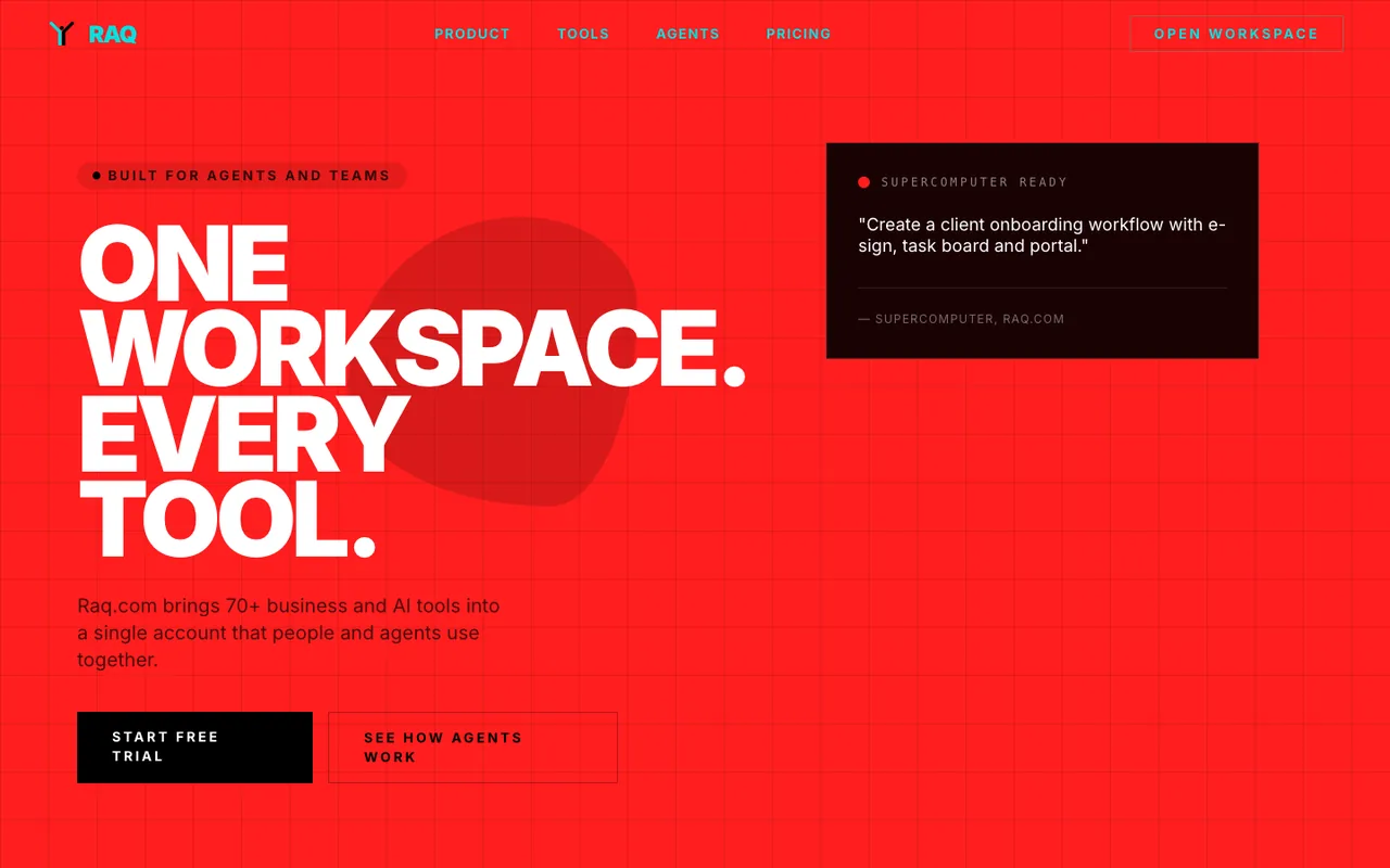 Raq.com homepage generated by Grok 4.3 in Claude Code