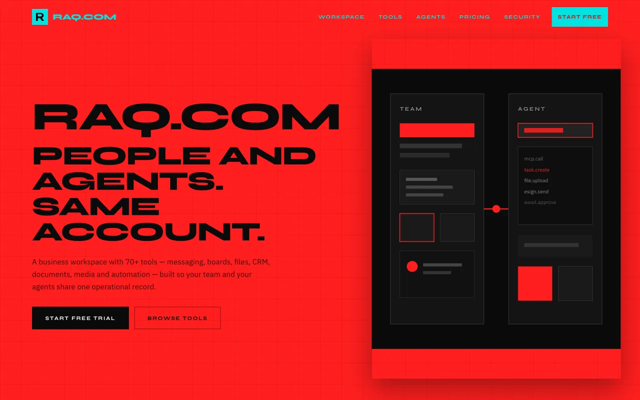 Raq.com homepage generated by Grok 4.5 in Cursor