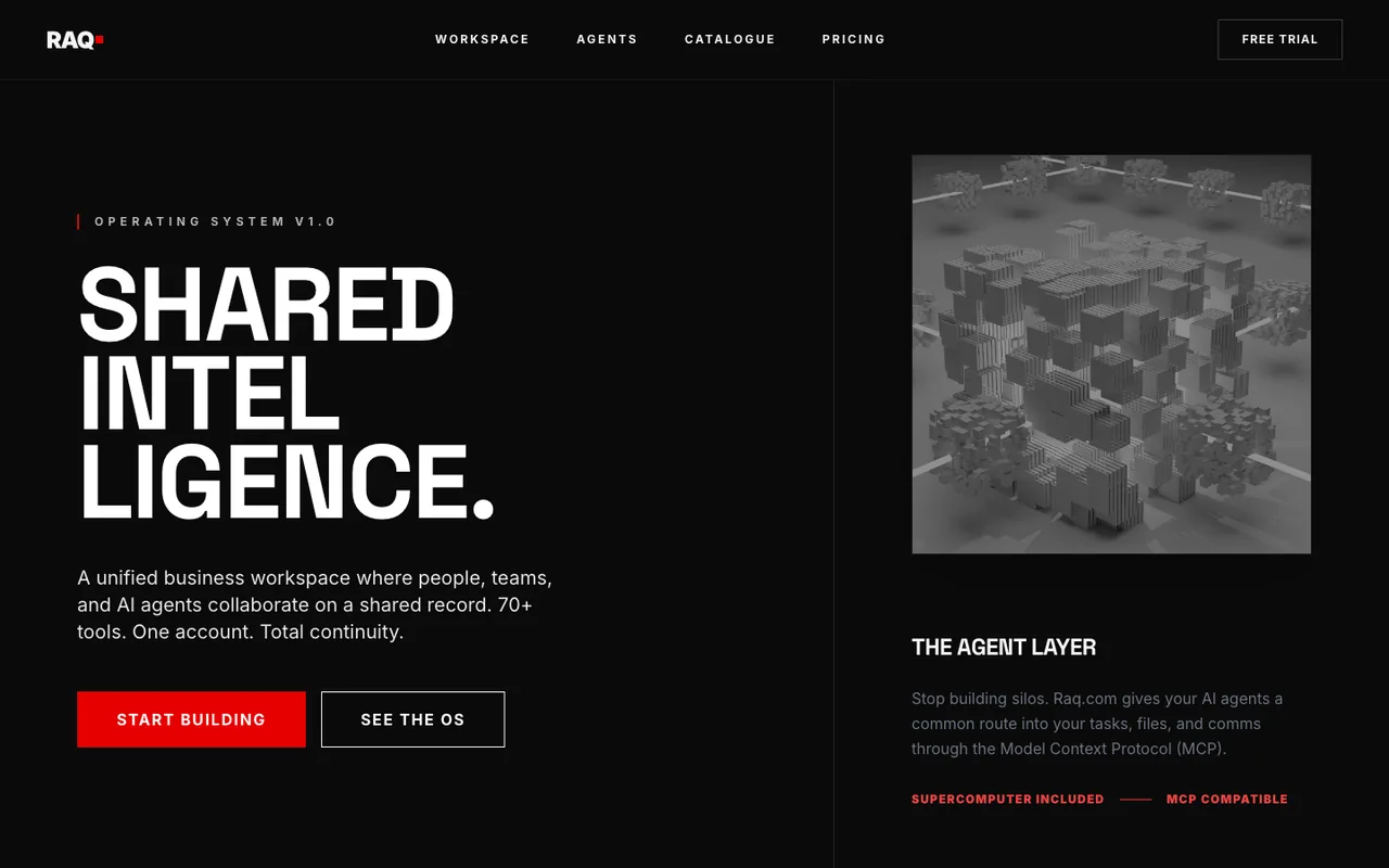 Raq.com homepage generated by Gemini 3 Flash in Cursor