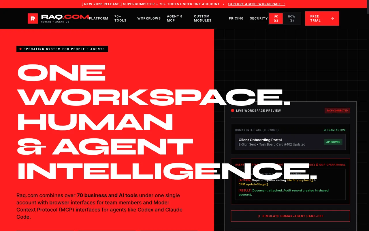 Raq.com homepage generated by Gemini 3.6 Flash in Cursor