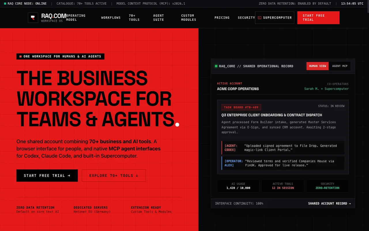 Raq.com homepage generated by Gemini 3.7 Flash in Cursor
