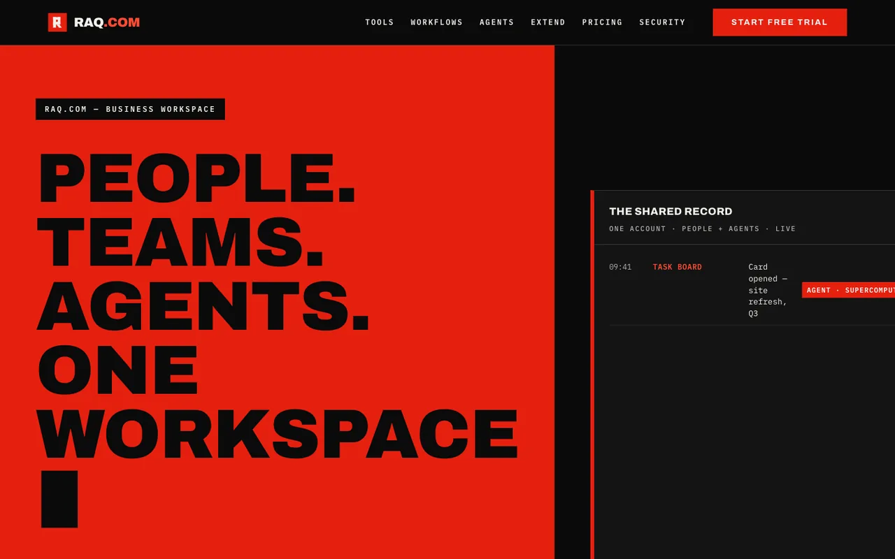 Raq.com homepage generated by Qwen 3.8 2.4T A95B in Claude Code