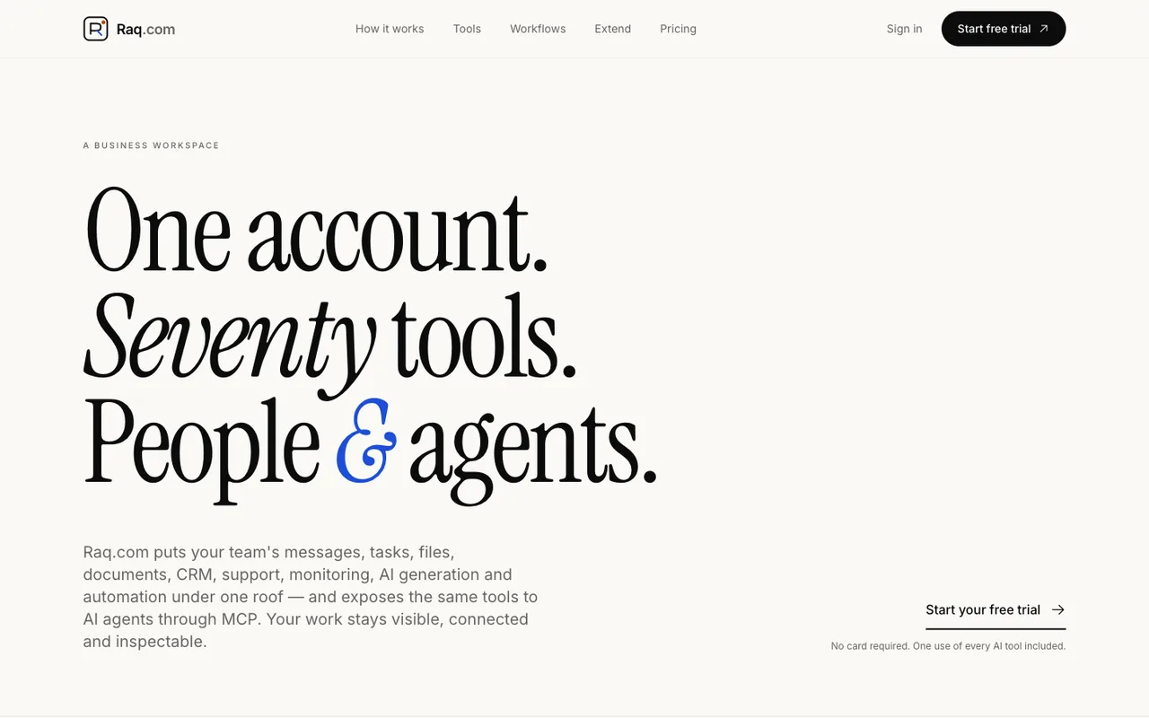 Raq.com homepage generated by Qwen 3.7 Max in Claude Code