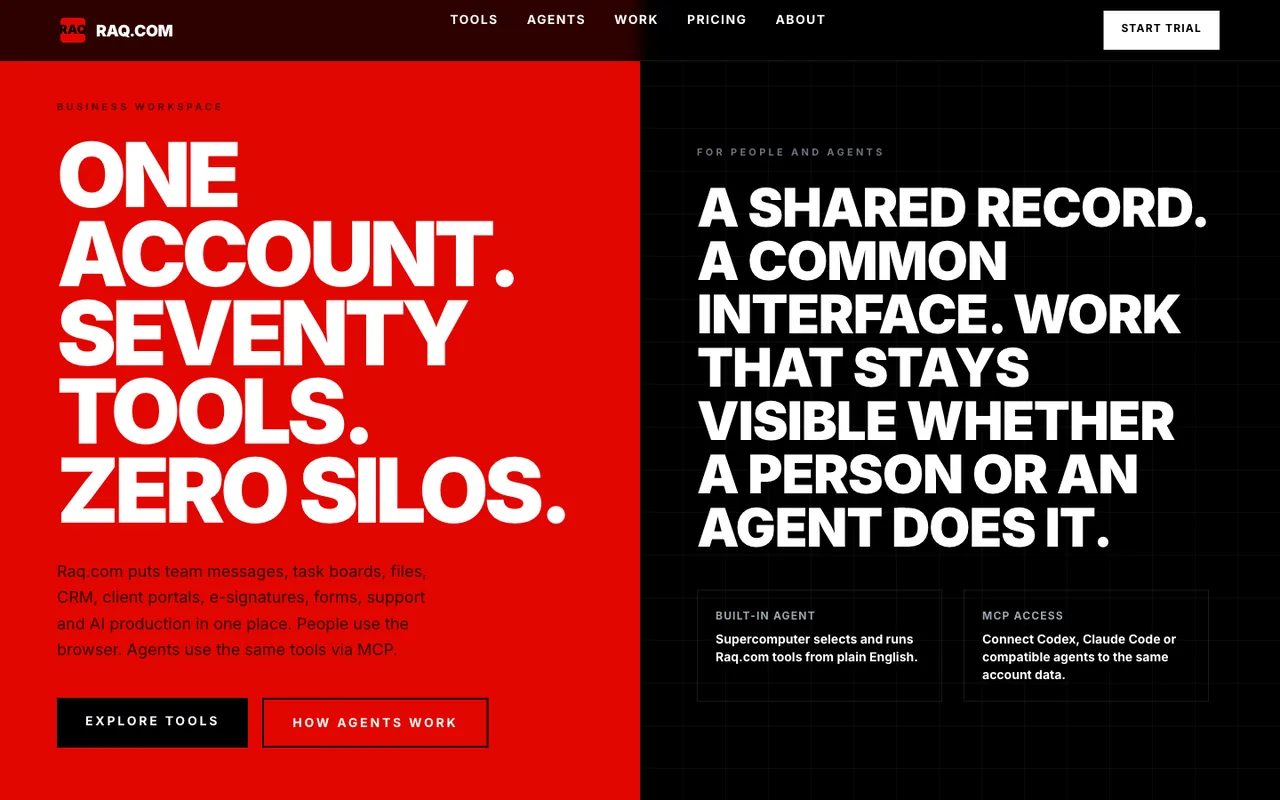 Raq.com homepage generated by Meta Muse Glimmer 30B in Claude Code