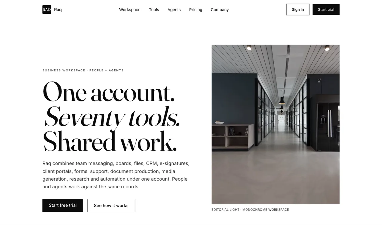 Raq.com homepage generated by Meta Muse Glimmer 30B in Claude Code