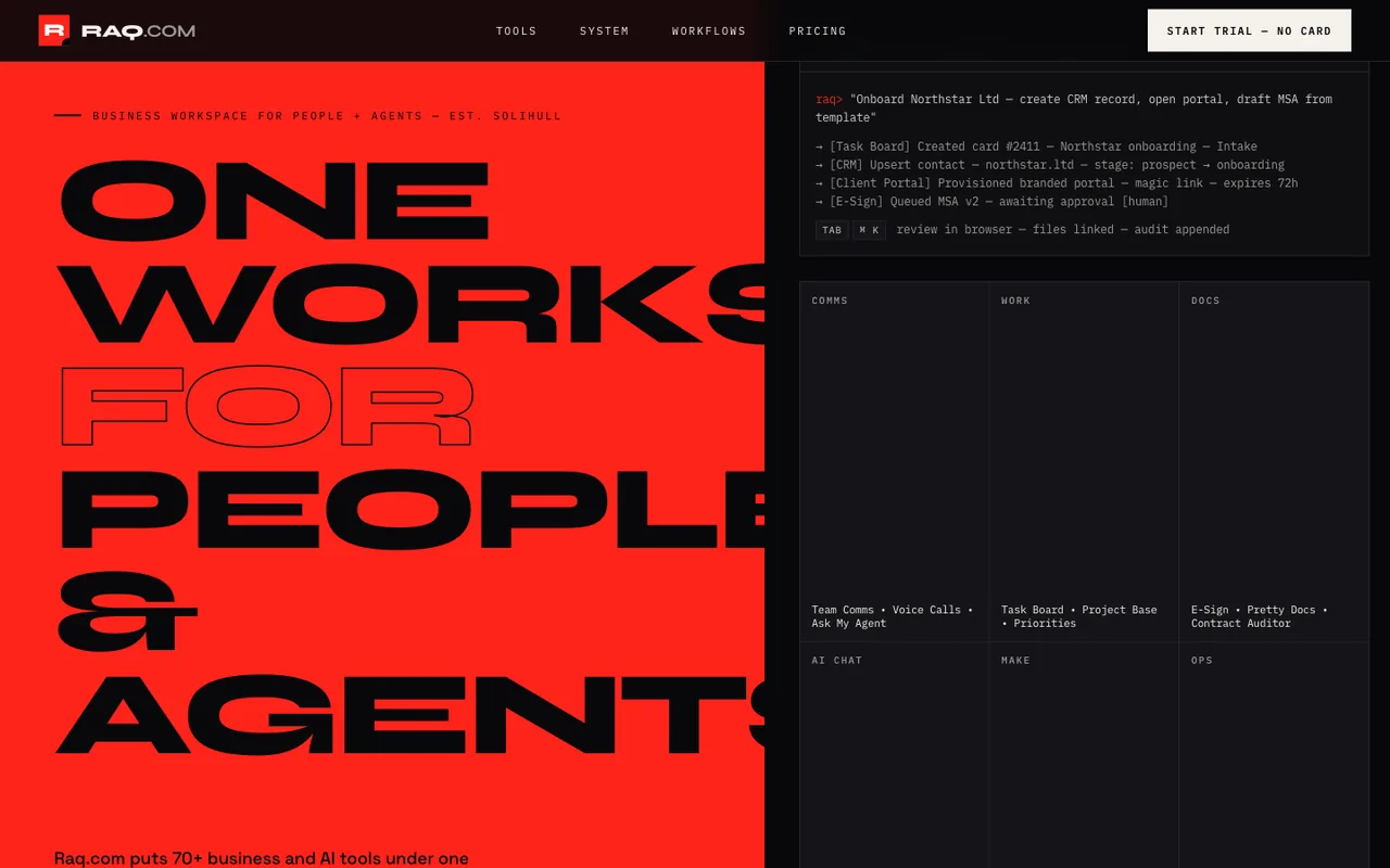 Raq.com homepage generated by Meta Muse Spark 1.1 in Claude Code