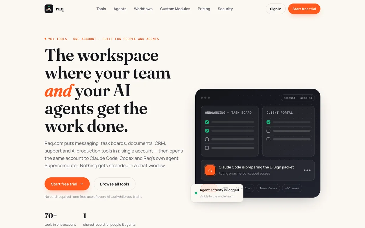 Raq.com homepage generated by Claude Sonnet 5 in Claude Code
