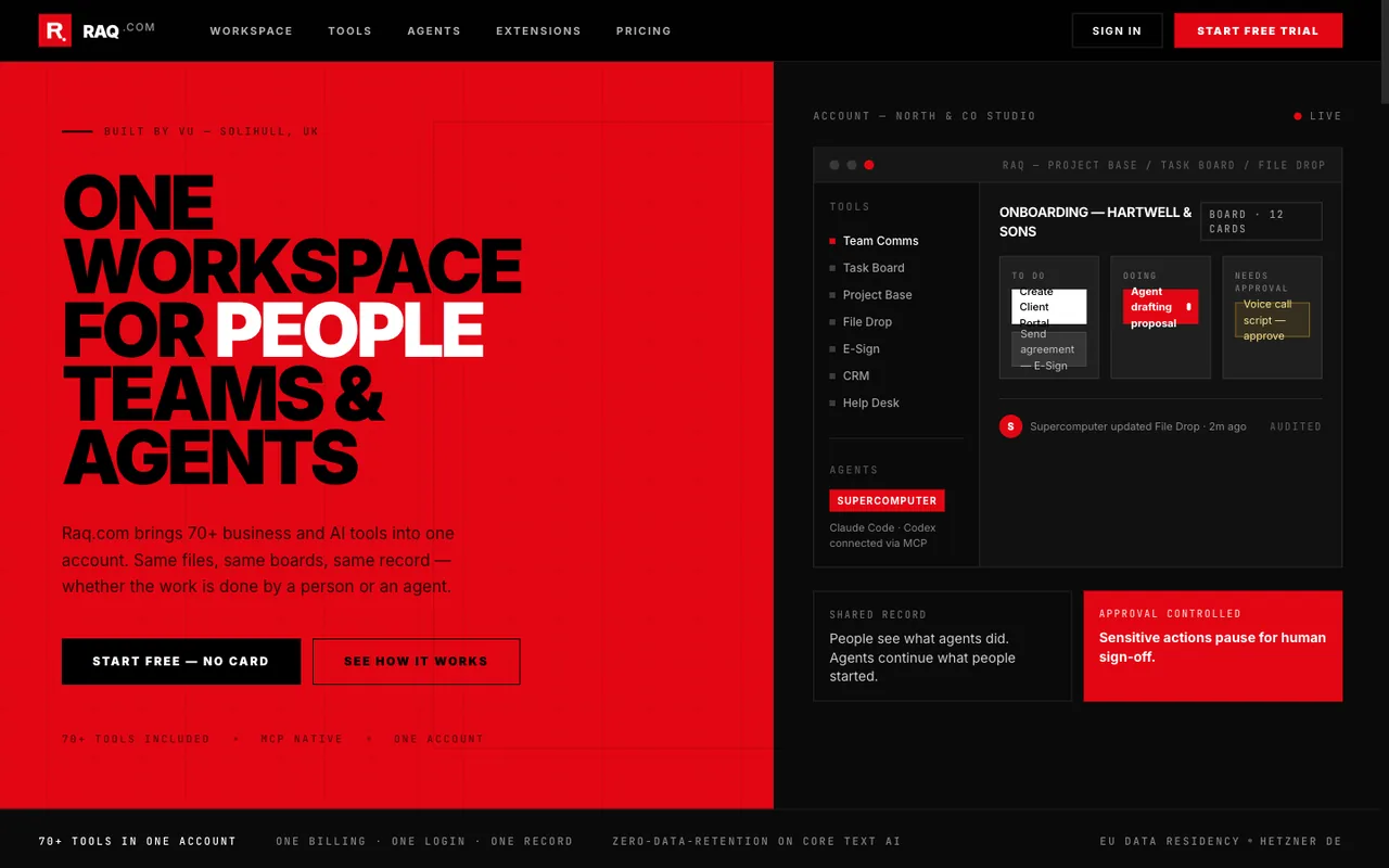 Raq.com homepage generated by Meta Muse Spark 1.2 in Claude Code