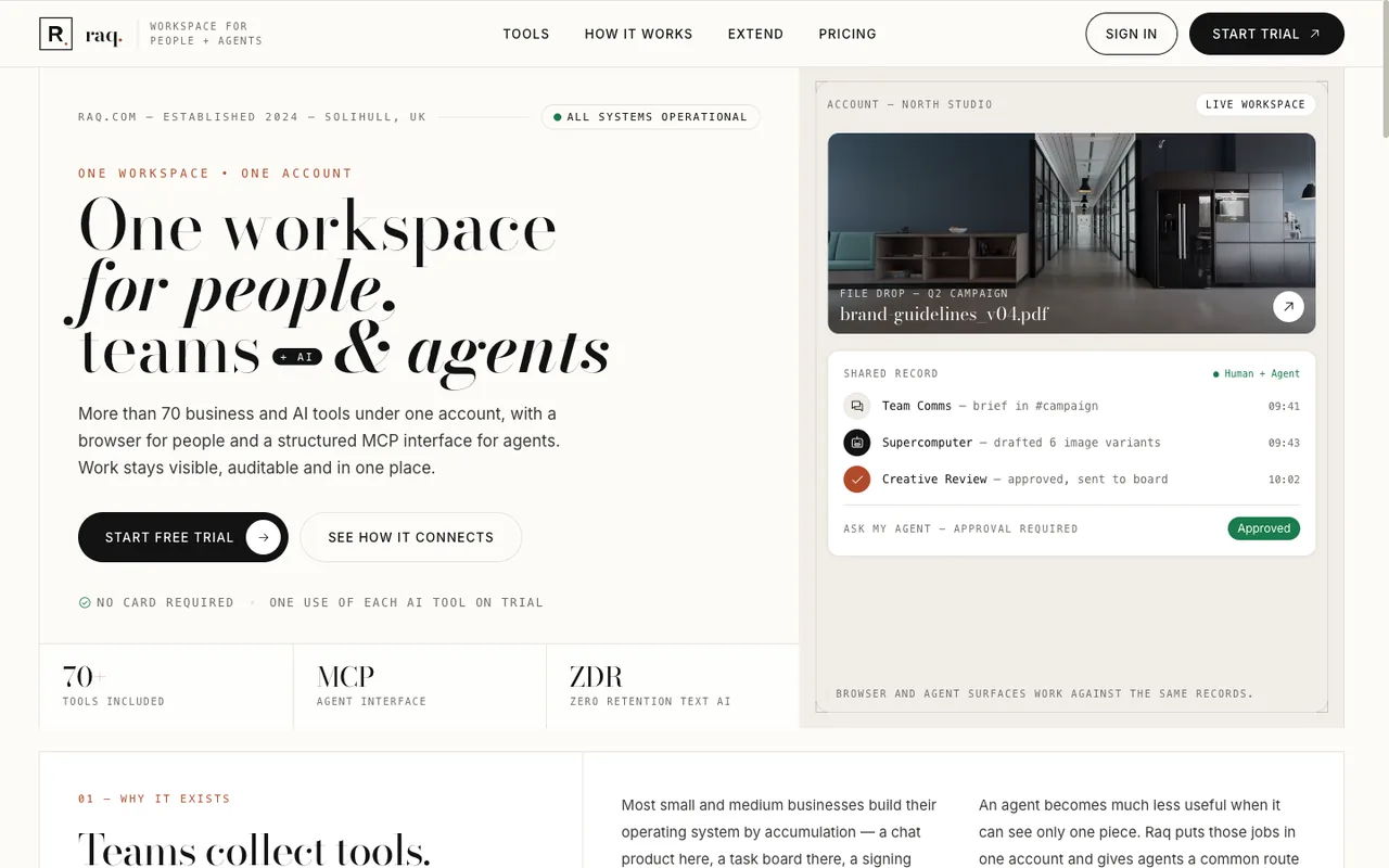 Raq.com homepage generated by Meta Muse Spark 1.2 in Claude Code