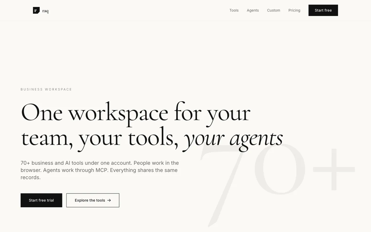 Raq.com homepage generated by Claude Opus 4.6 in Claude Code