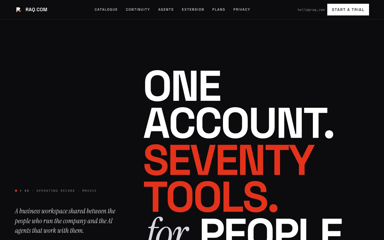 Raq.com homepage generated by Claude Opus 4.7 in Claude Code