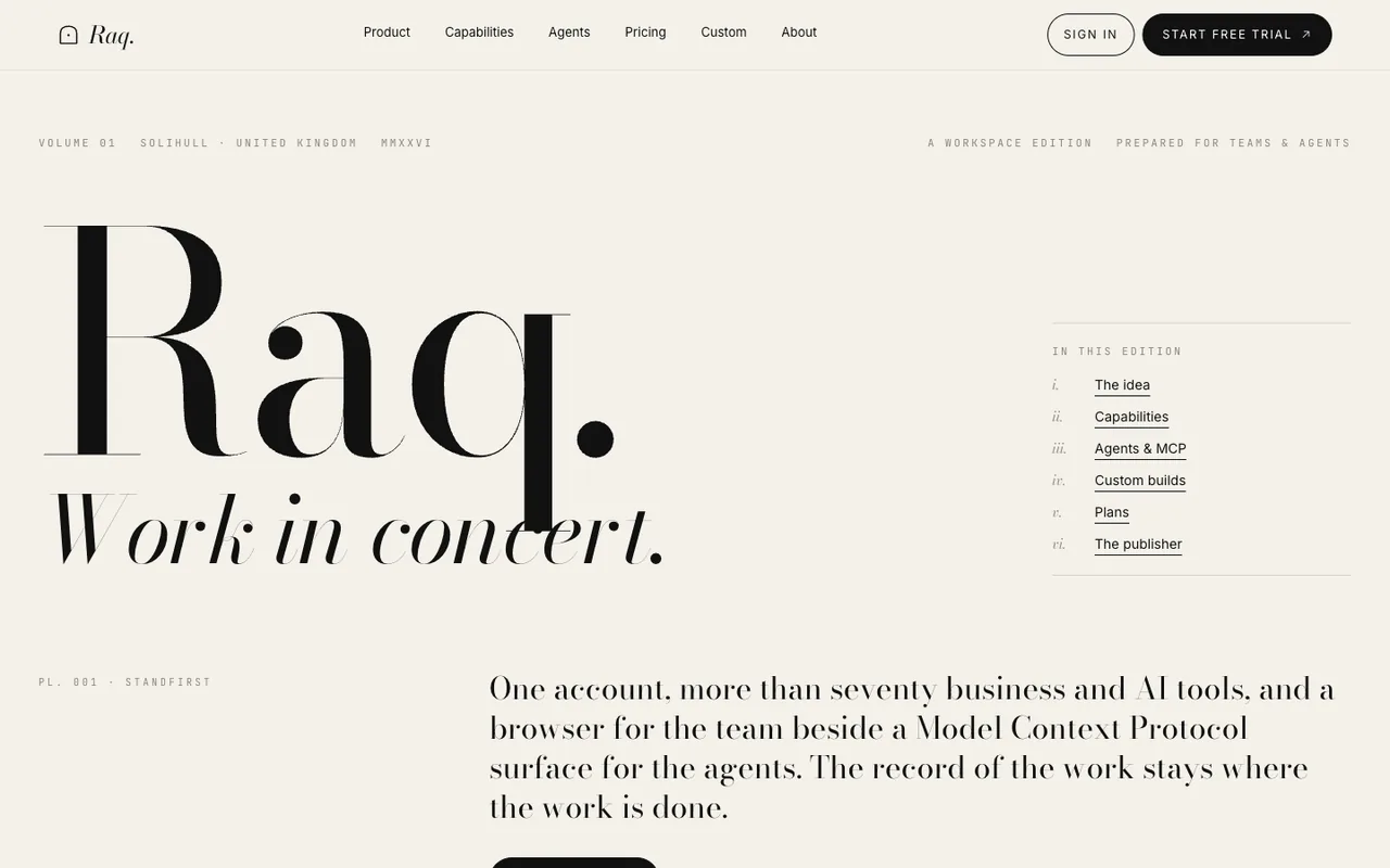 Raq.com homepage generated by Claude Opus 4.7 in Claude Code