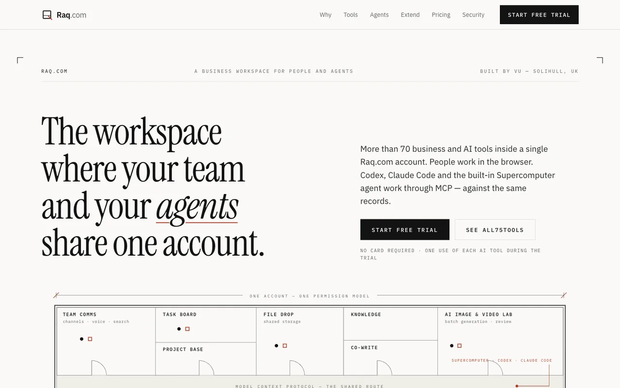 Raq.com homepage generated by Claude Opus 5 in Claude Code