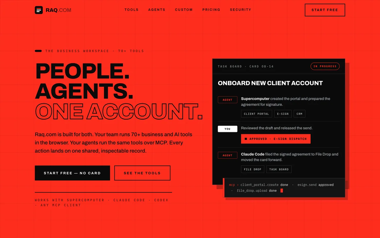 Raq.com homepage generated by Claude Fable 5 in Claude Code