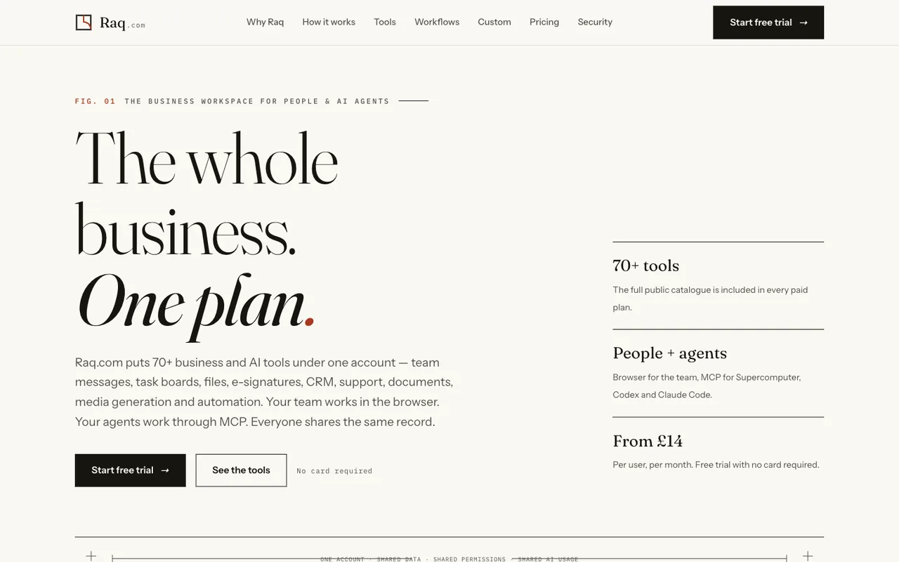 Raq.com homepage generated by Claude Fable 5 in Claude Code
