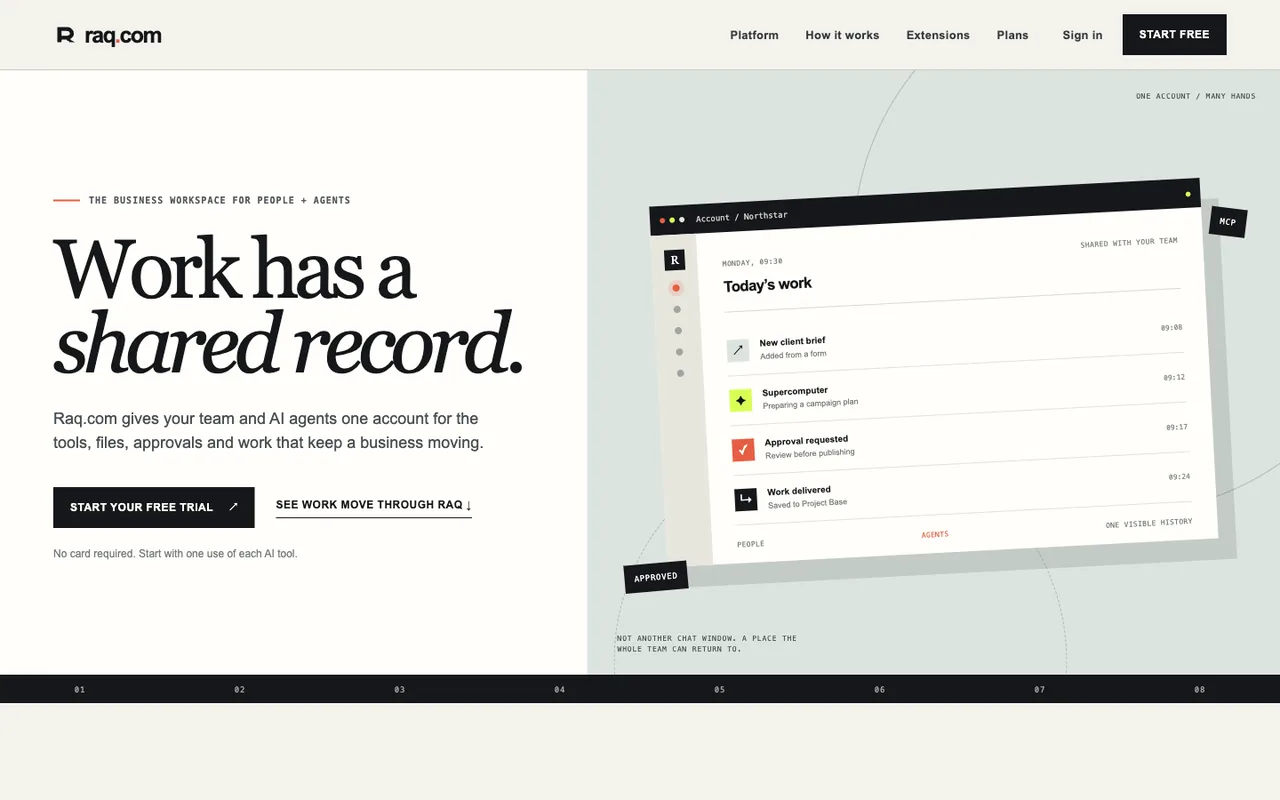 Raq.com homepage generated by GPT-5.6 Terra in Codex