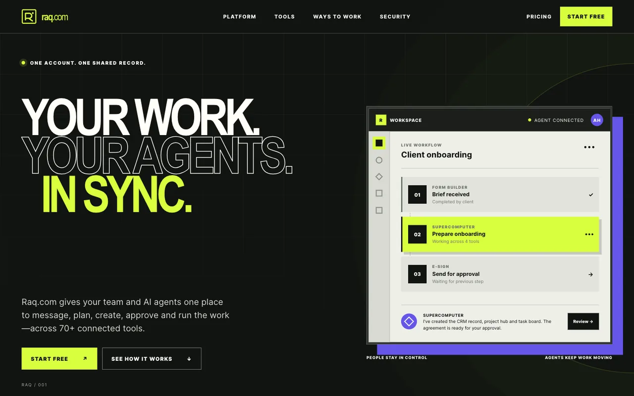 Raq.com homepage generated by GPT-5.6 Sol in Codex