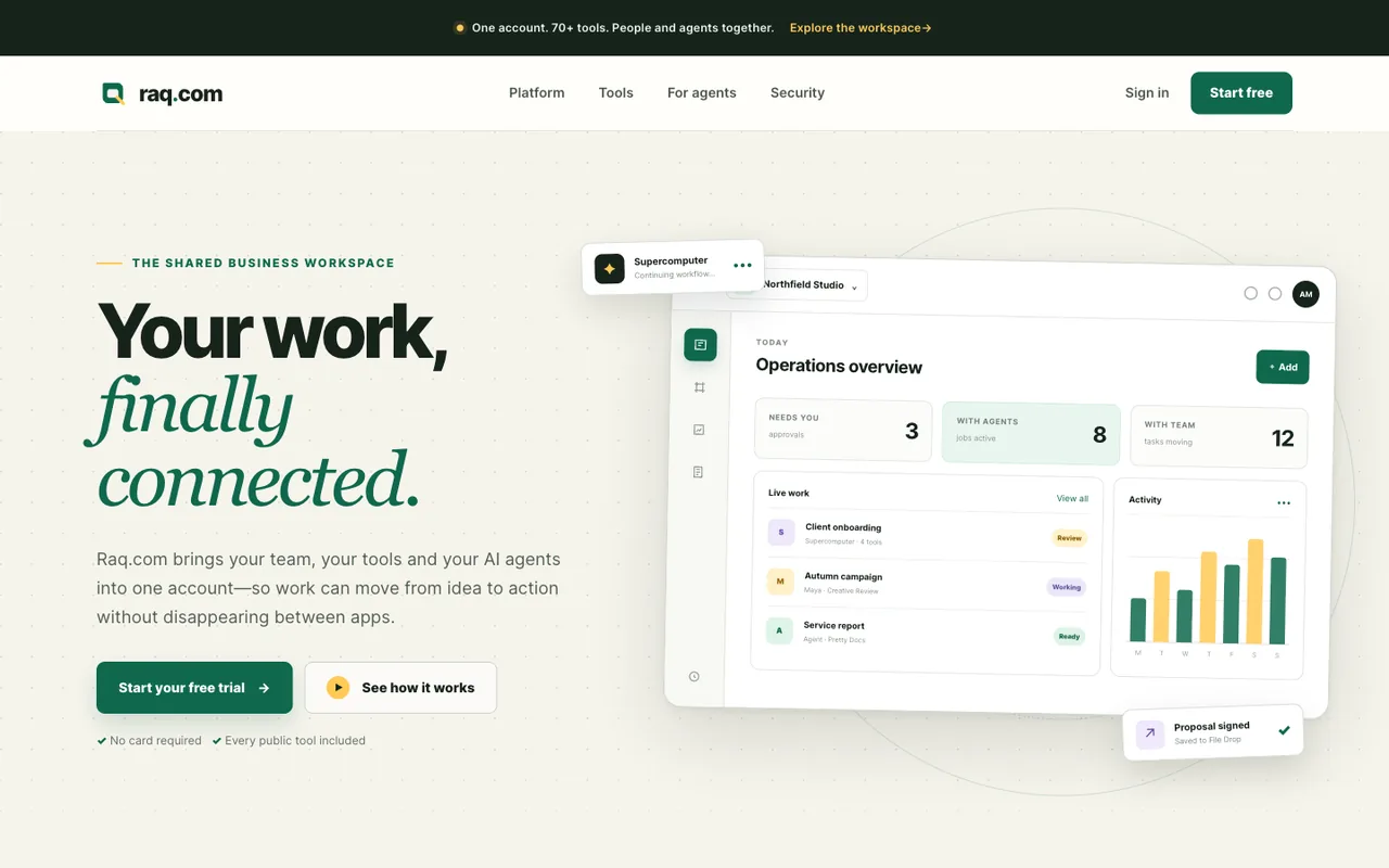 Raq.com homepage generated by GPT-5.6 Sol in Codex