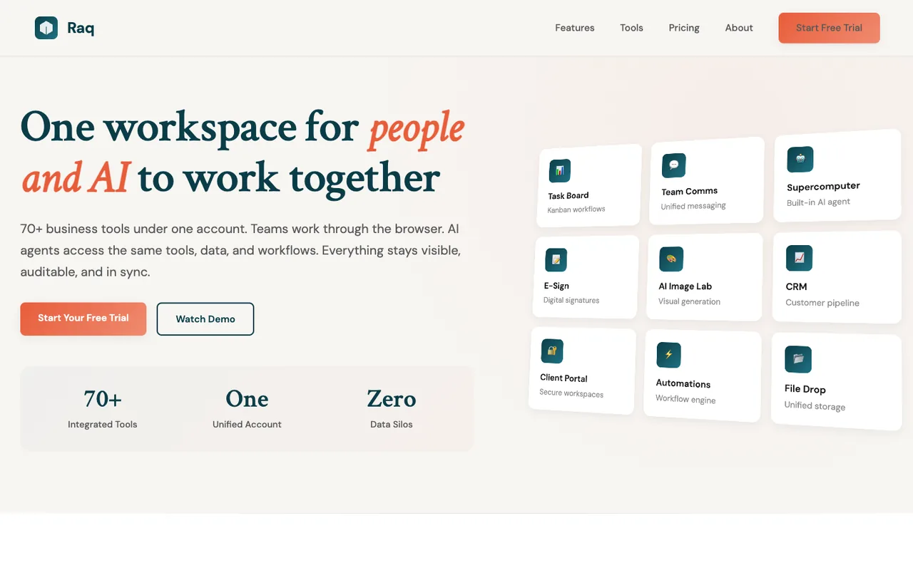 Raq.com homepage generated by Claude Opus 4.1 in Claude Code