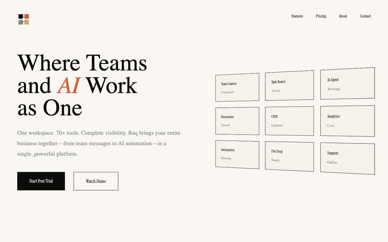 Raq.com homepage generated by Claude Opus 4.1 in Claude Code