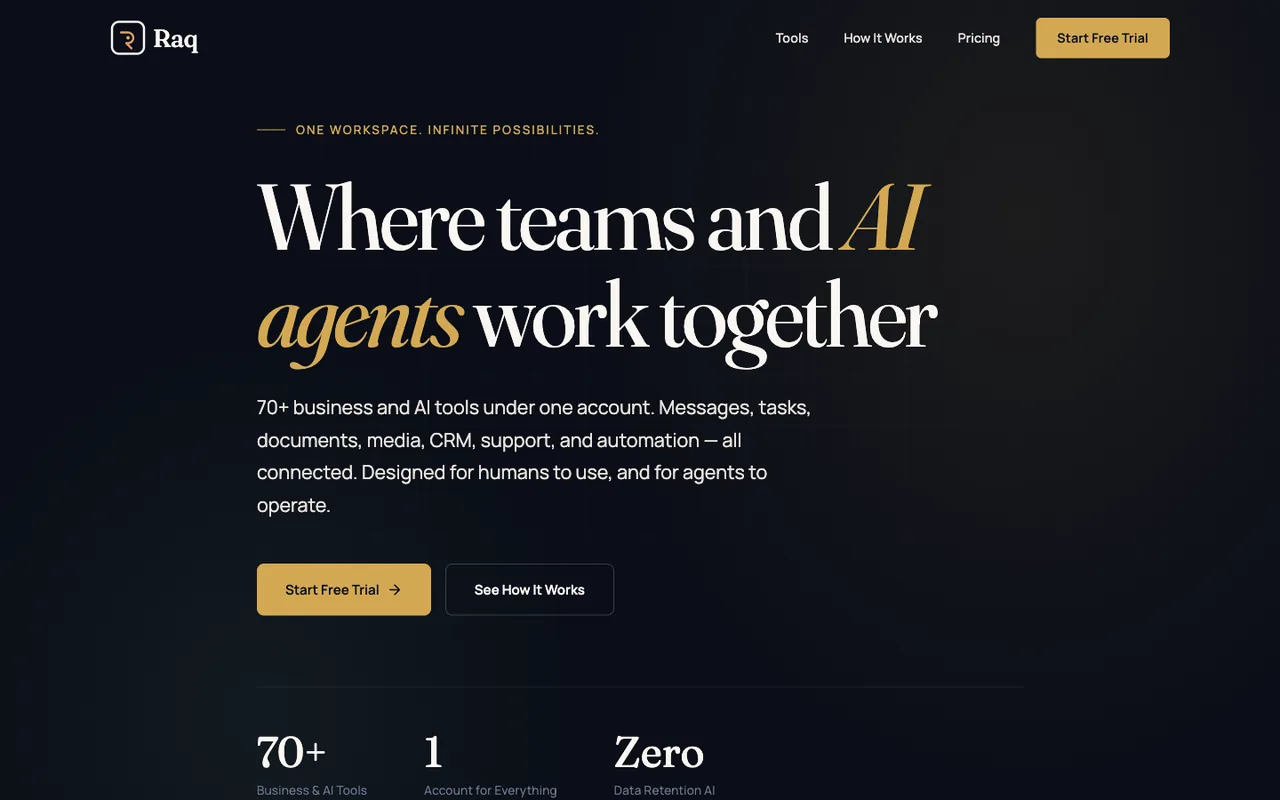 Raq.com homepage generated by Claude Opus 4.5 in Claude Code