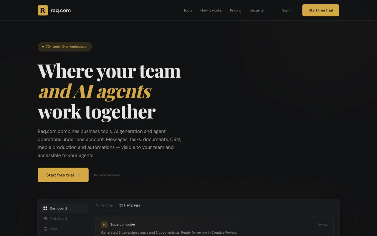 Raq.com homepage generated by Claude Opus 4.6 in Claude Code