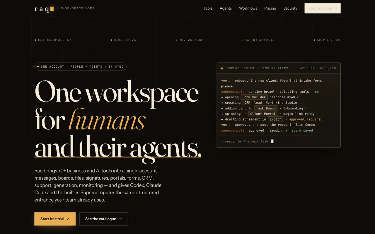 Raq.com homepage generated by Claude Opus 4.7 in Claude Code