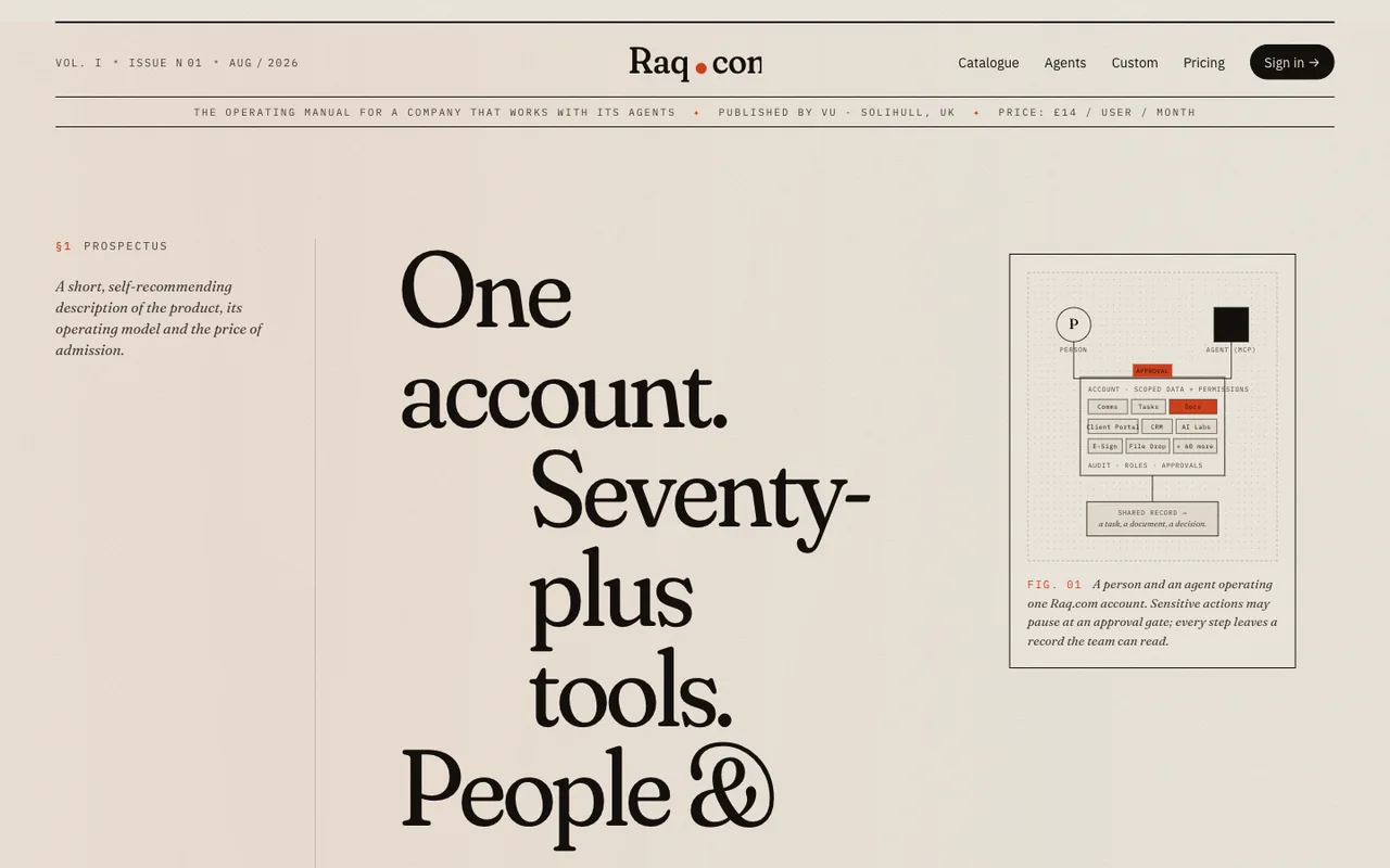 Raq.com homepage generated by Claude Opus 4.7 in Claude Code