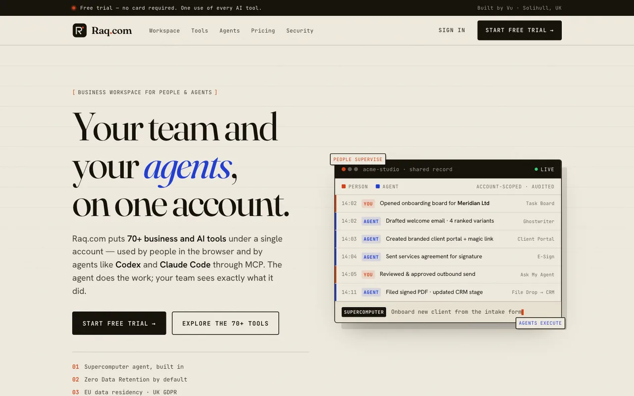 Raq.com homepage generated by Claude Opus 4.8 in Claude Code