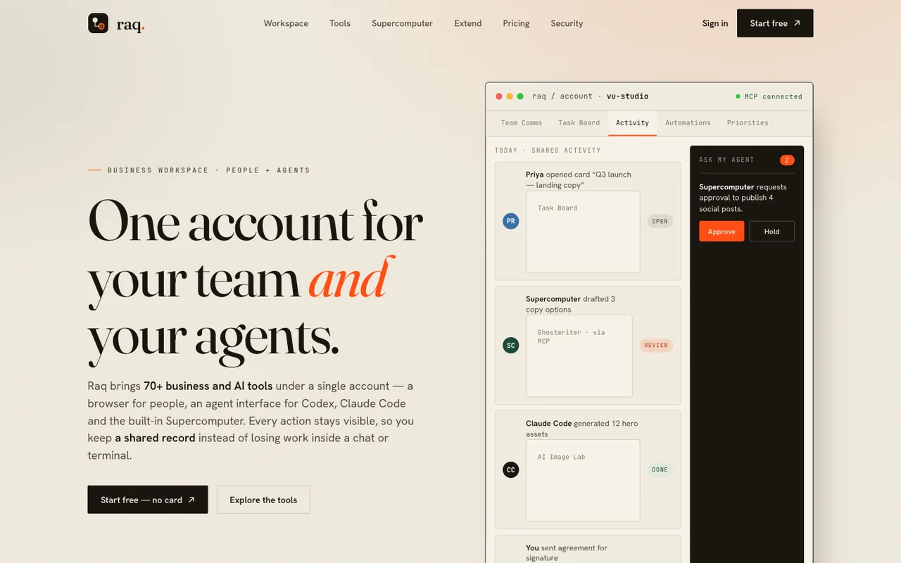 Raq.com homepage generated by Claude Opus 4.8 in Claude Code