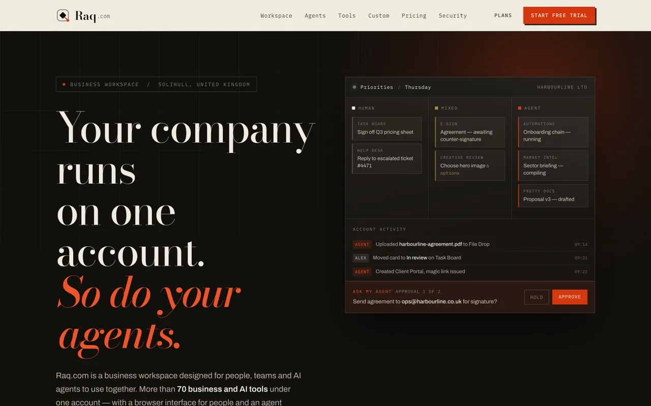 Raq.com homepage generated by Claude Opus 5 in Claude Code