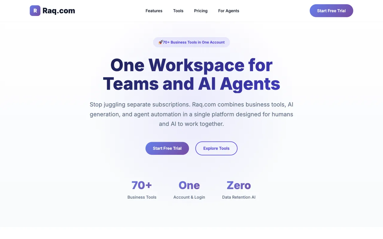 Raq.com homepage generated by Claude Sonnet 4.5 in Cursor