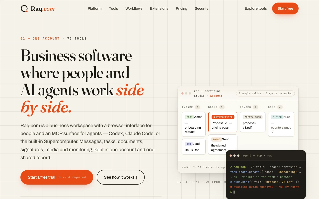 Raq.com homepage generated by Qwen 3.8 Flash in Claude Code