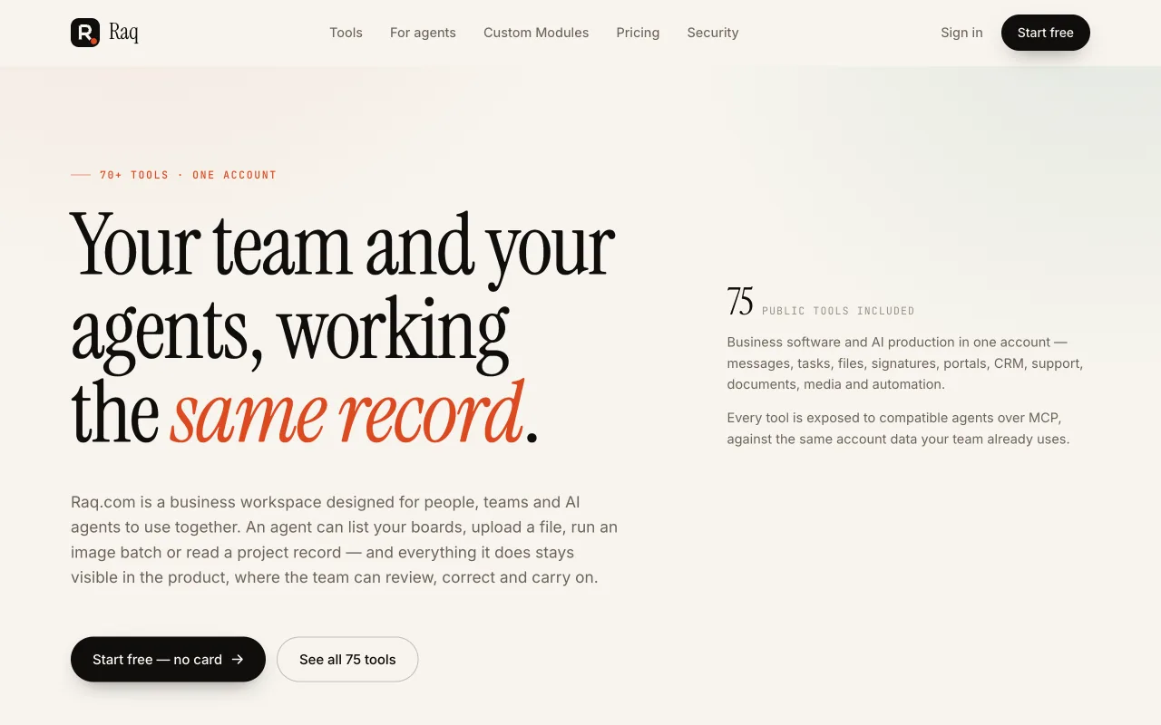Raq.com homepage generated by DeepSeek 4.1 Flash in Claude Code