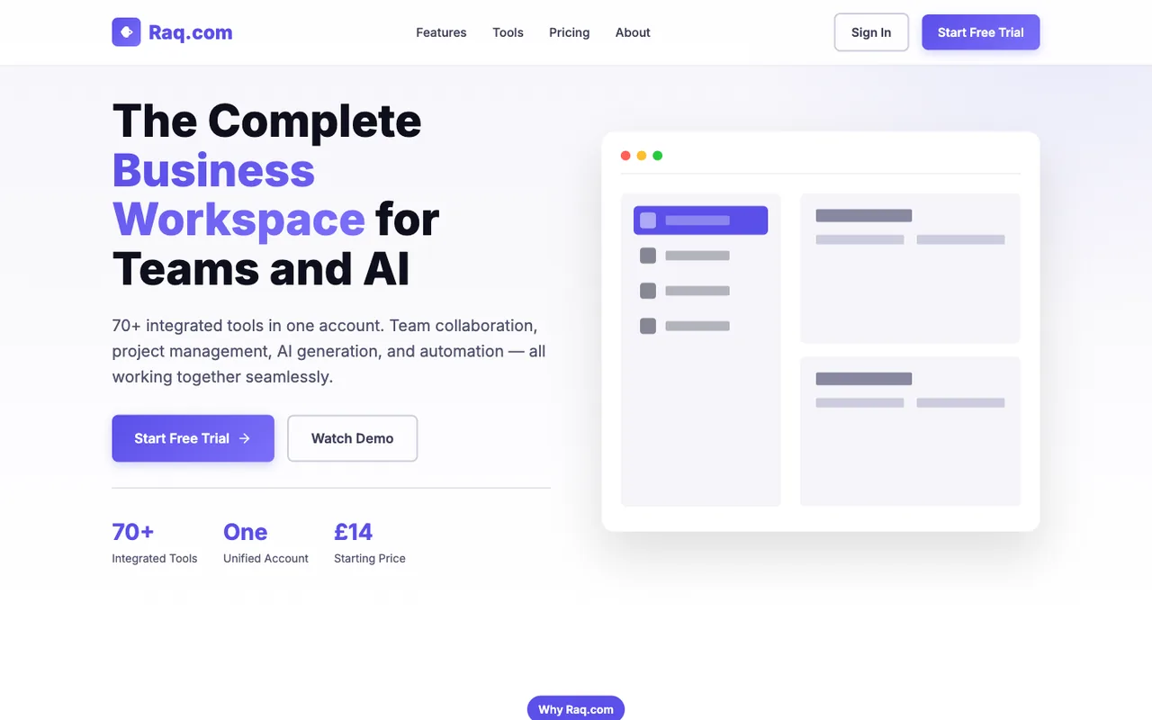 Raq.com homepage generated by Claude Opus 4.1 in Claude Code