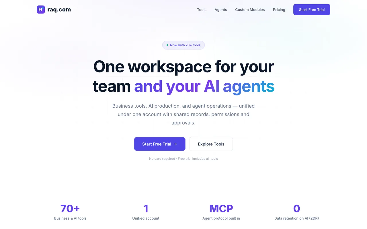Raq.com homepage generated by Claude Opus 4.6 in Cursor