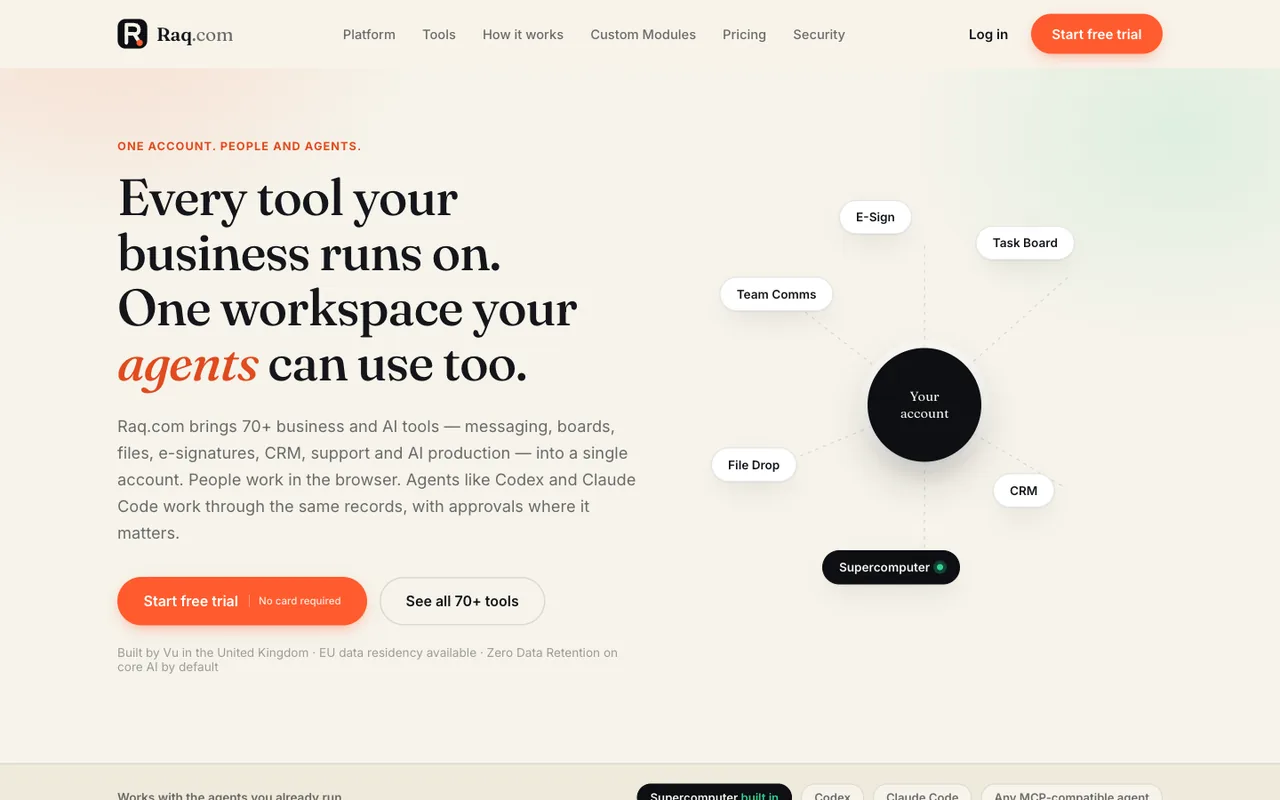 Raq.com homepage generated by Claude Sonnet 5 in Cursor