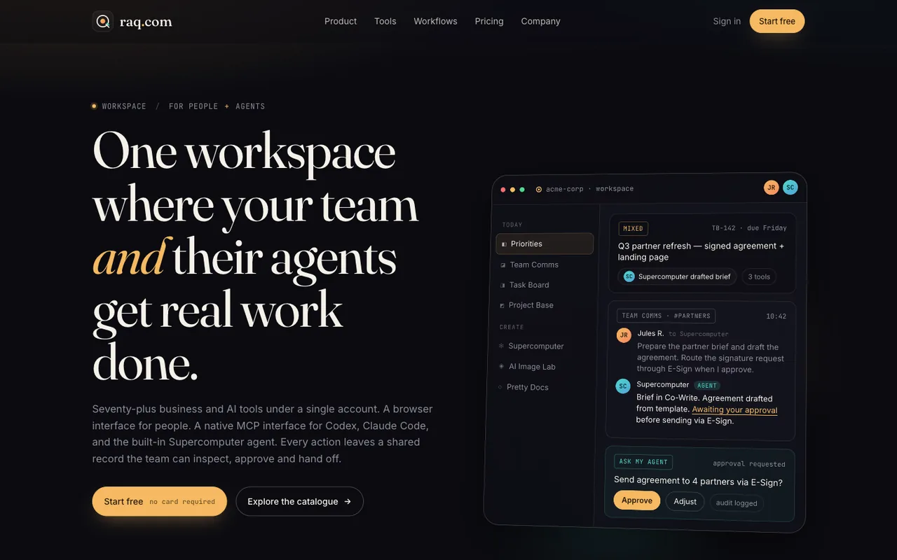 Raq.com homepage generated by Claude Opus 4.7 in Cursor