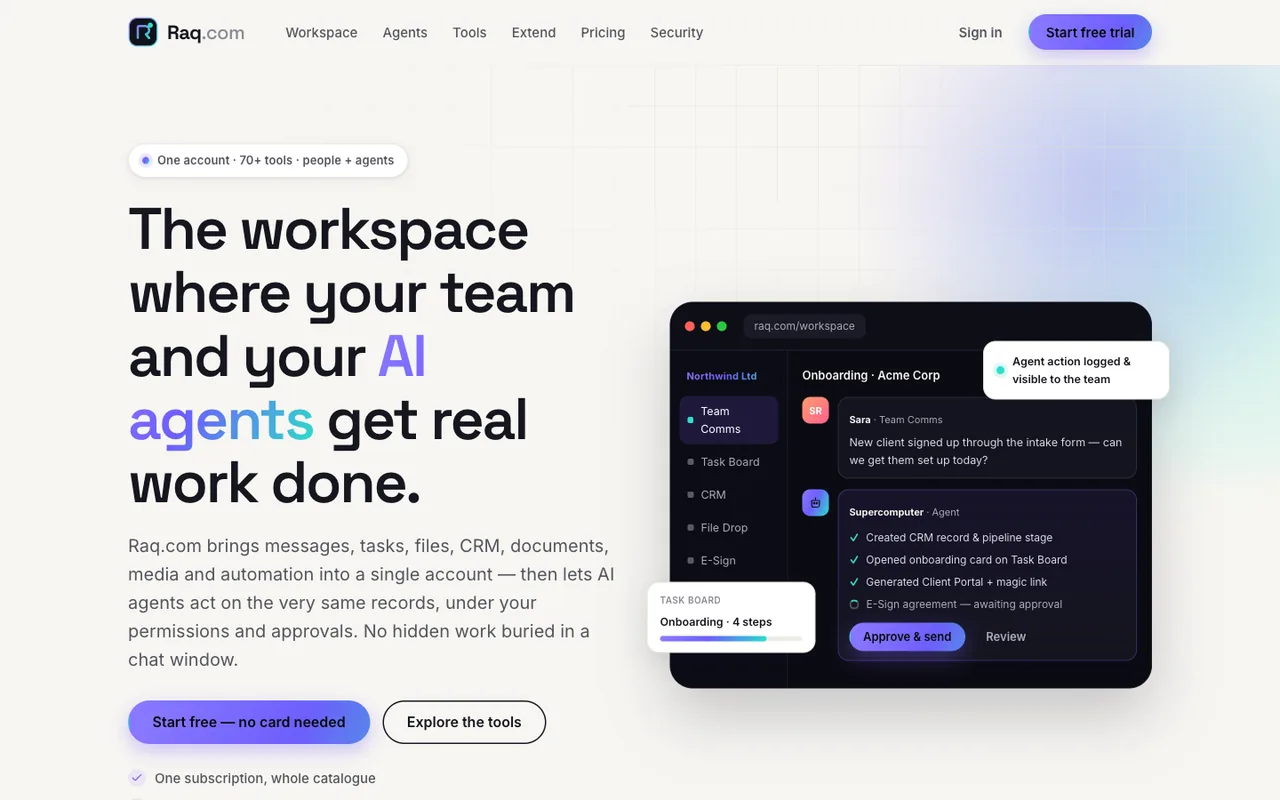 Raq.com homepage generated by Claude Opus 4.8 in Cursor