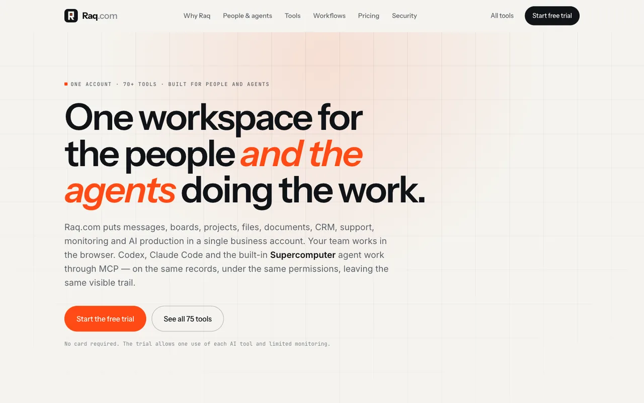 Raq.com homepage generated by Claude Opus 5 in Cursor