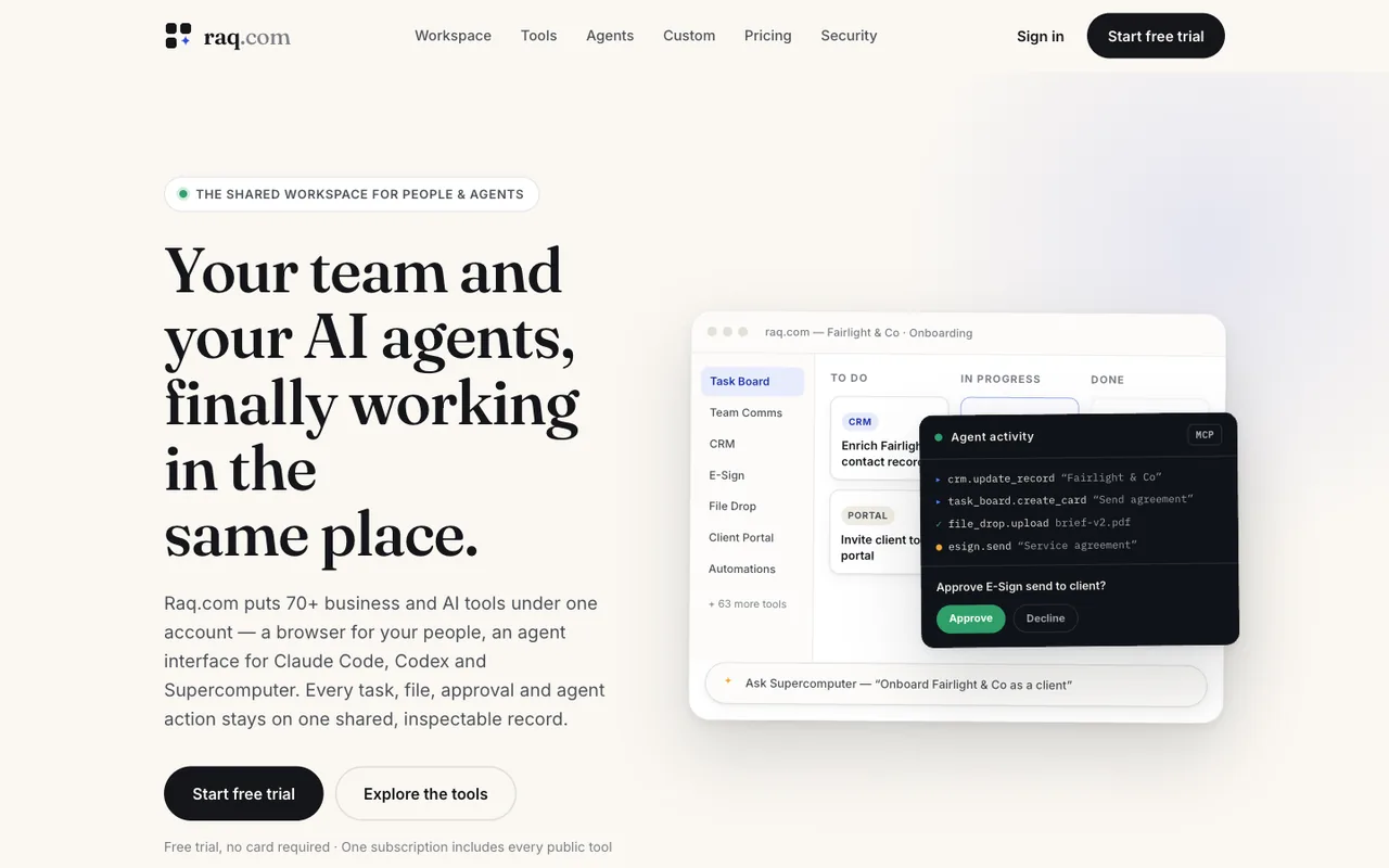 Raq.com homepage generated by Claude Fable 5 in Claude Code