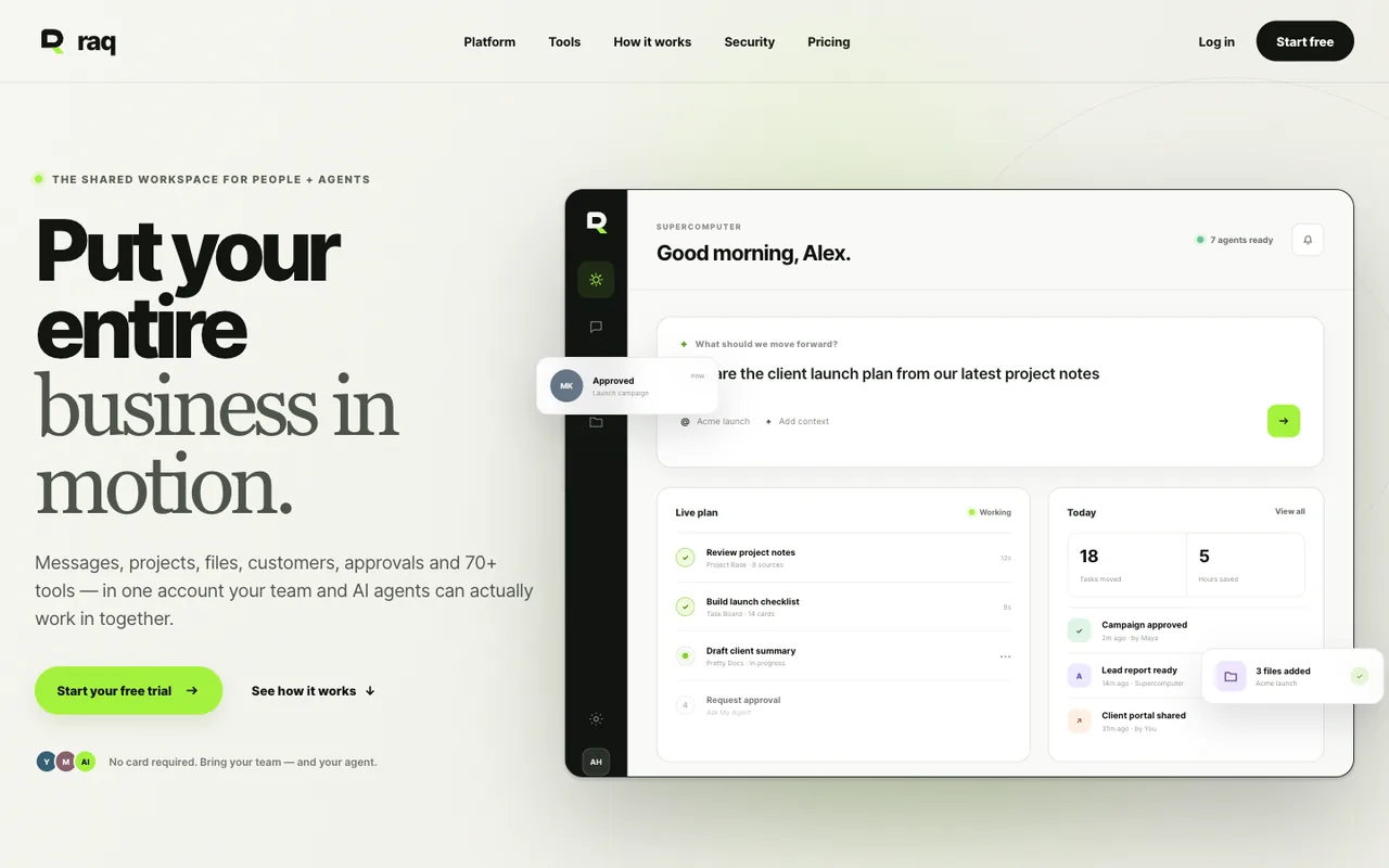Raq.com homepage generated by GPT-5.6 Sol in Cursor