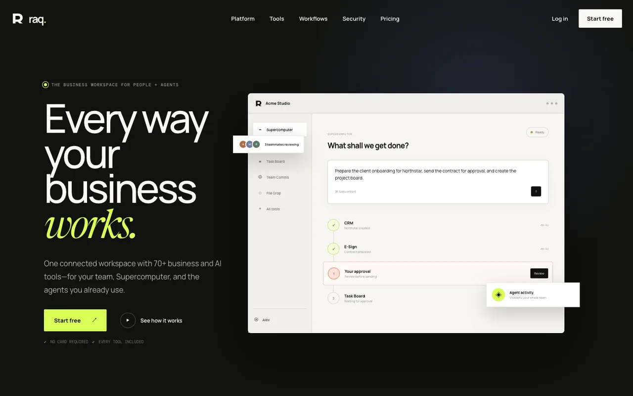 Raq.com homepage generated by GPT-5.6 Sol in Cursor