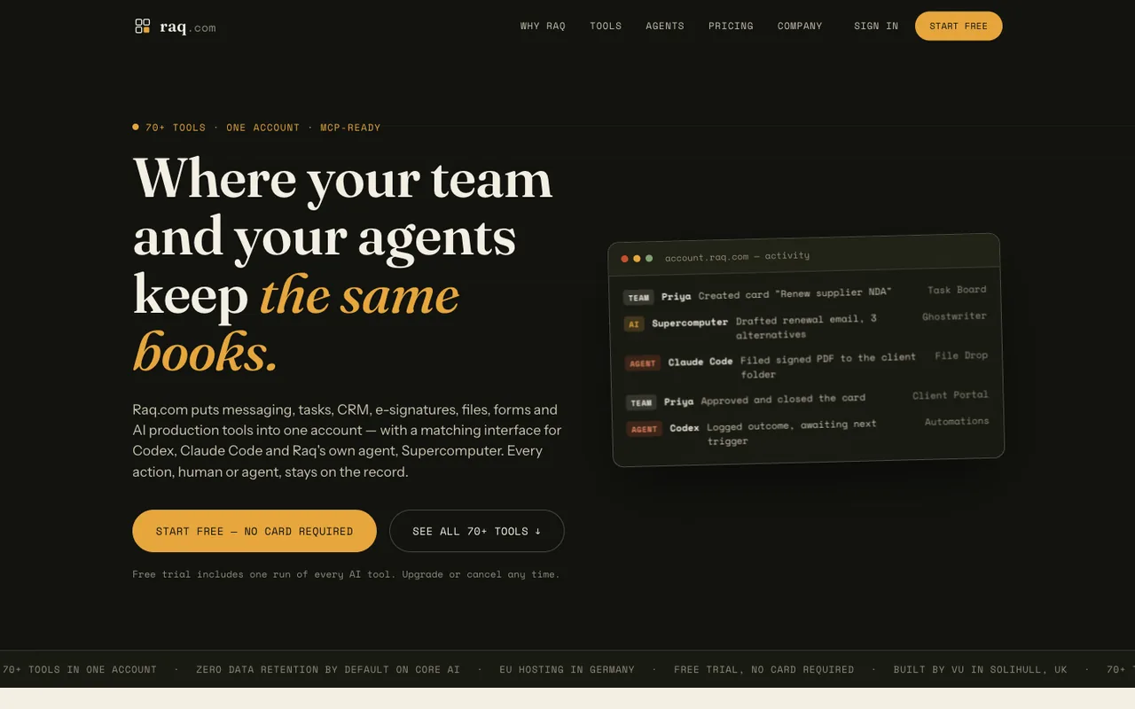 Raq.com homepage generated by Claude Sonnet 5 in Claude Code