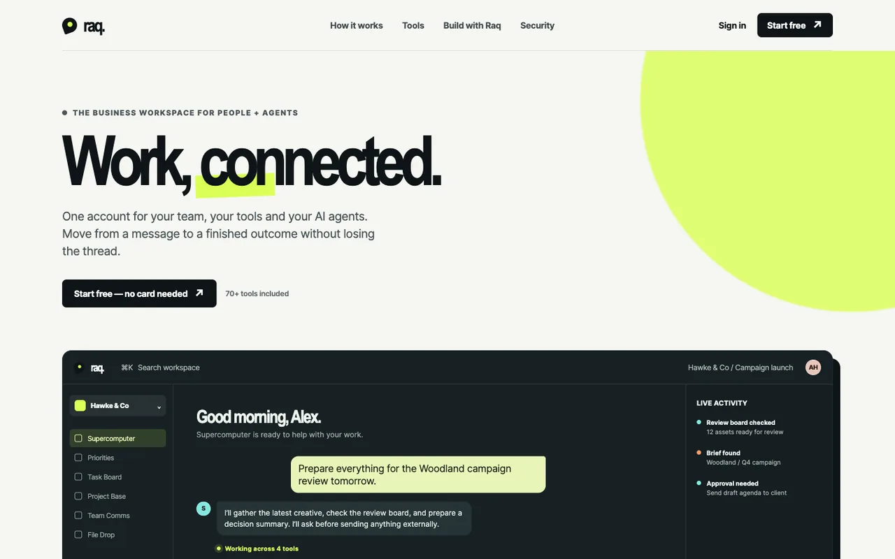 Raq.com homepage generated by GPT-5.6 Terra in Cursor