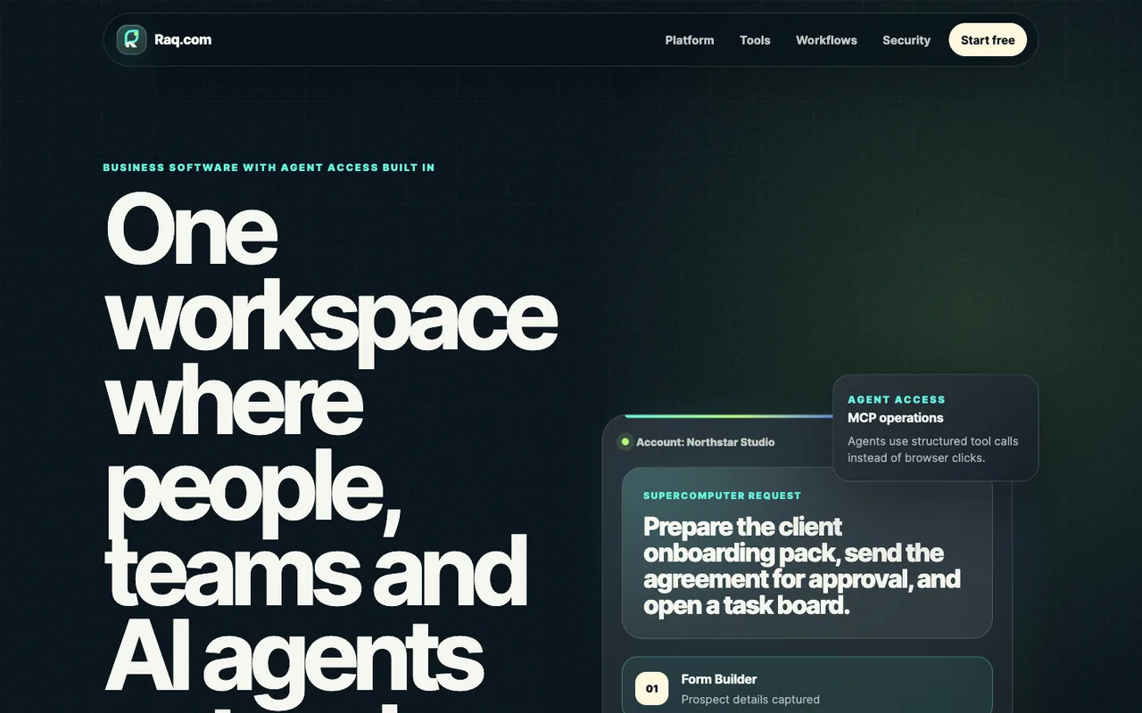 Raq.com homepage generated by GPT-5.5 in Cursor