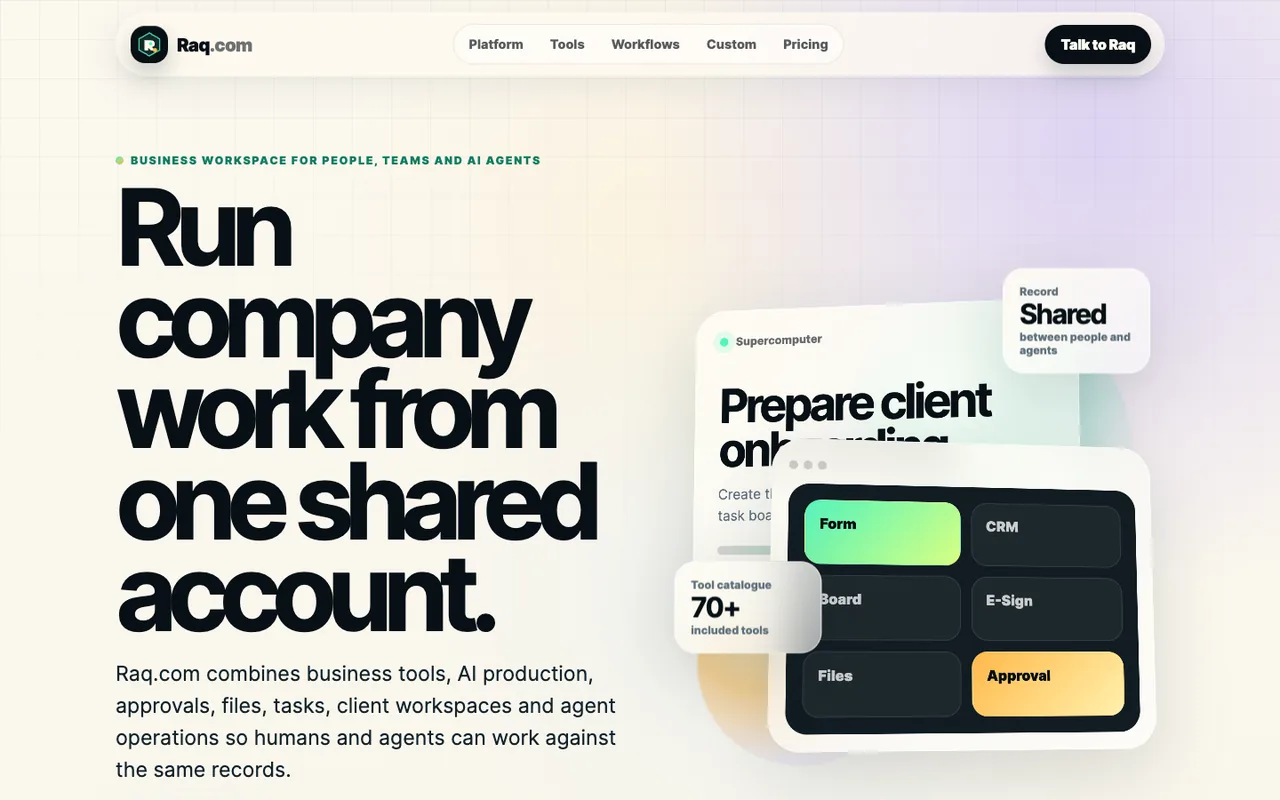 Raq.com homepage generated by GPT-5.5 in Cursor