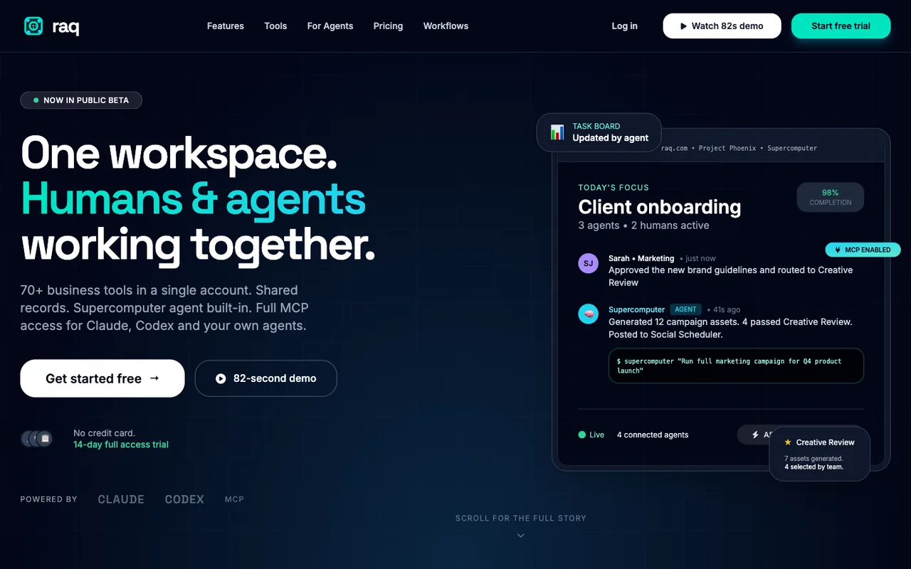 Raq.com homepage generated by Grok 4.20 in Claude Code