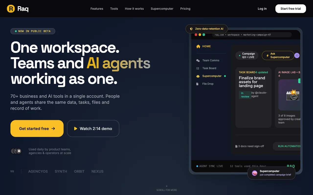 Raq.com homepage generated by Grok 4.20 in Claude Code