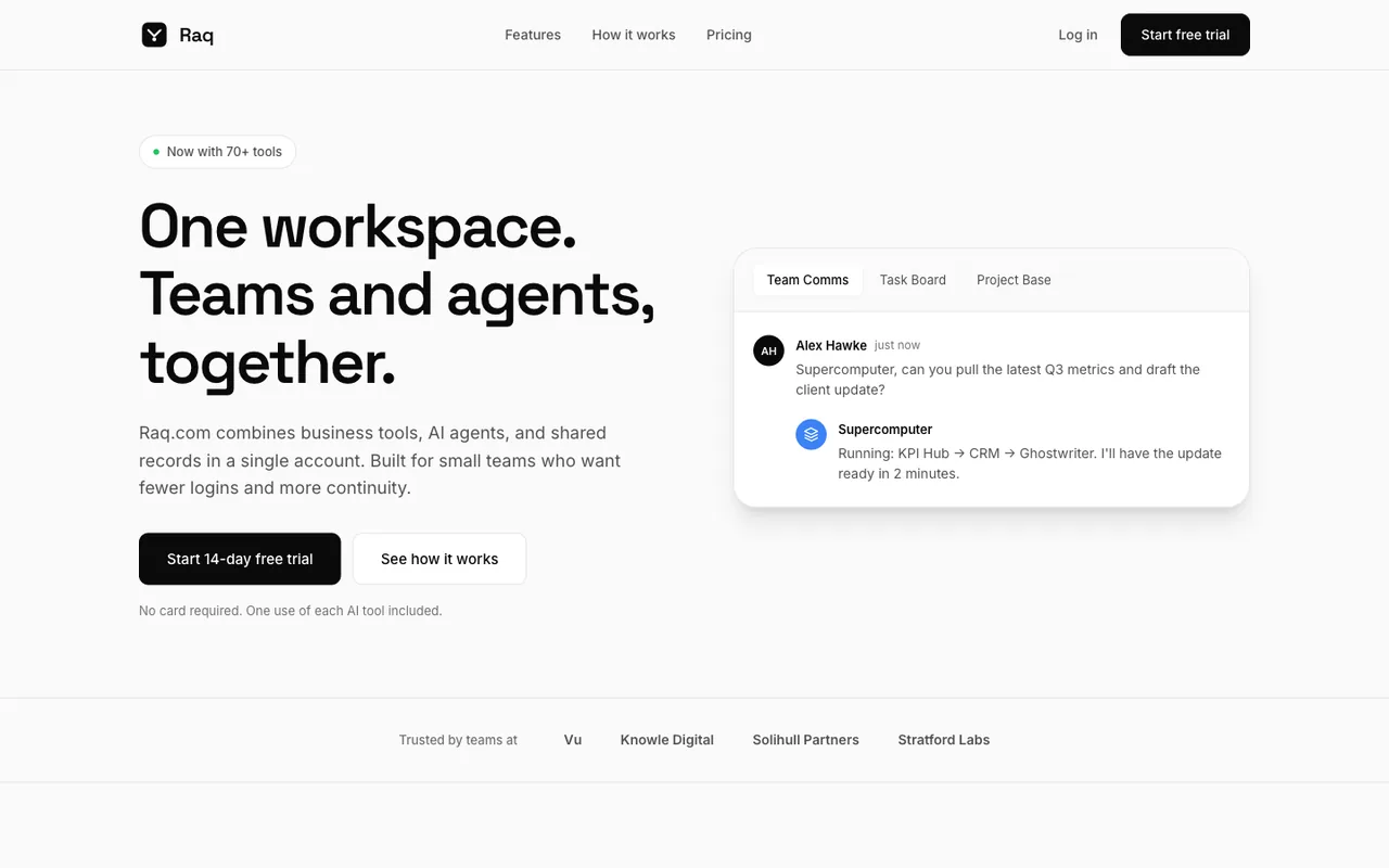 Raq.com homepage generated by Grok 4.3 in Claude Code